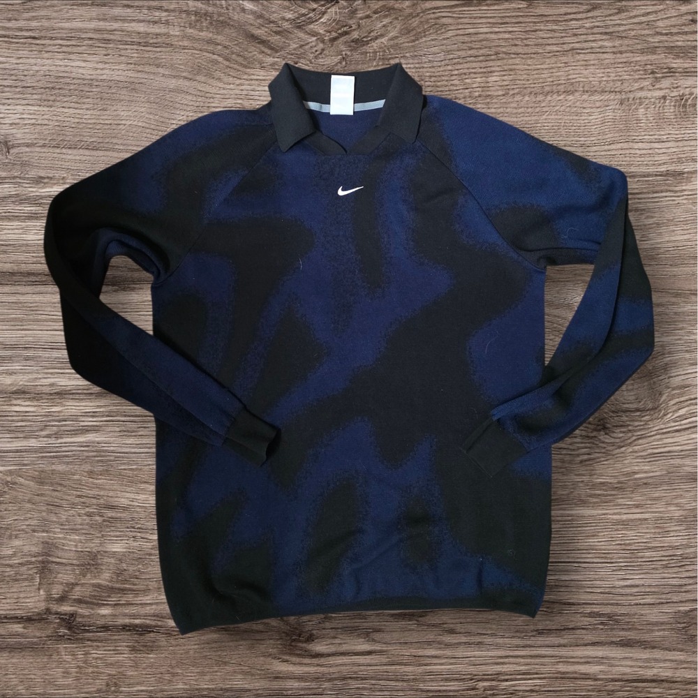 Nike Men Loose Fit Knit Polo Sweater Navy Black Abstract Swirl V-Neck Medium